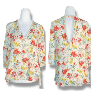 Zara‎ Basic Top Floral Chiffon Blouse Open Back Deep Vneck Flowy Boho Spring XS thumbnail 2