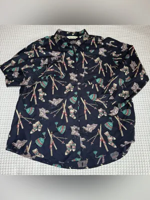 Eddie Bauer Button Down Shirt XLarge Skiing Hiking Winter Print Blue Vintage thumbnail 3