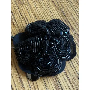 Prada Black Beaded Fabric Flower Brooch Pin, EUC thumbnail 2