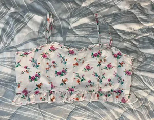 Altar’d State Large Cream Floral Ruffle Crop Top Smocked Back Adjustable Straps thumbnail 1