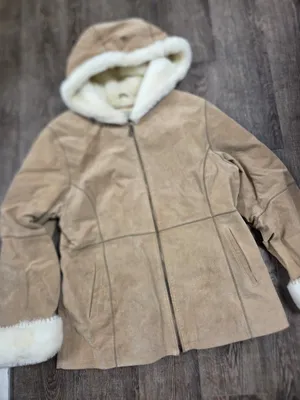 NEW YORK CLASSICS Tan Plush Lined Hood Genuine Suede Leather Coat Jacket Large thumbnail 1