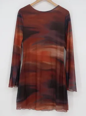 SHEIN Abstract Sunset Mesh Mini Dress Open Back Bell Sleeve Orange Brown Large thumbnail 1