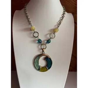 Vintage Teal, Green & Yellow Moon Pendant Necklace thumbnail 2