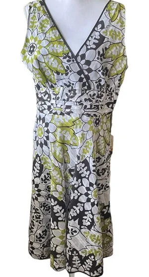 Amanda Lane Women‎ Retro Mod Floral Midi Dress 14 Green Brown V-Neck A-Line thumbnail 1