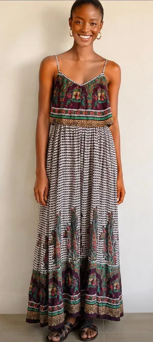 Anthropologie RAGA Boho Printed Maxi Dress | Tiered Sleeveless Slip Dress | Women's Size Small thumbnail 1