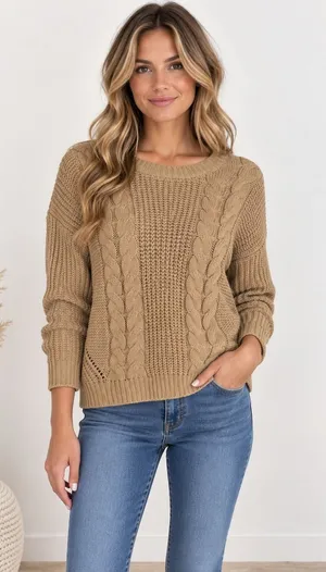Tan Cable Knit Cutout Back Sweater Tunic Open Knit Size 11-13 thumbnail 1