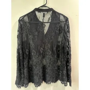 White House Black Market Black Lace Pleated Bib Blouse Top Size 10 Long Sleeve thumbnail 2