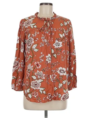 Loft Women's Size Large Petite Blouse Orange White Floral Button Down Ruffle‎ thumbnail 1