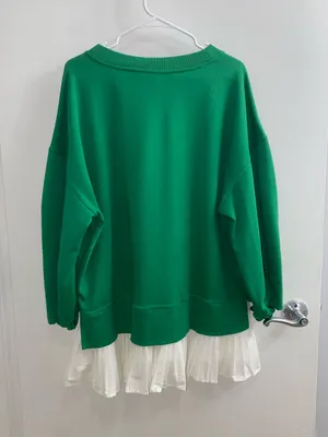 Anthropologie Maeve Green Long Sleeve V-Neck Twofer Knit Ruffle Pullover $118 L thumbnail 2