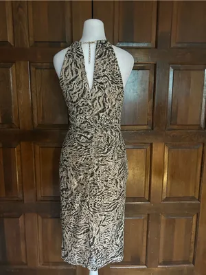 Xscape Size 6 Zebra Print Sequin‎ Halter Bodycon Cocktail Dress Gold Choker thumbnail 4