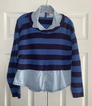 Pilcro Mixed Media Striped Sweater Womens Size‎ XS Blue Denim Layered Knit Top thumbnail 1