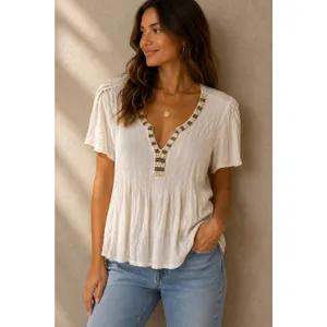 Sundance Womens Top Size S Cream Beaded V-Neck Babydoll Linen Blend Short Sleeve thumbnail 3