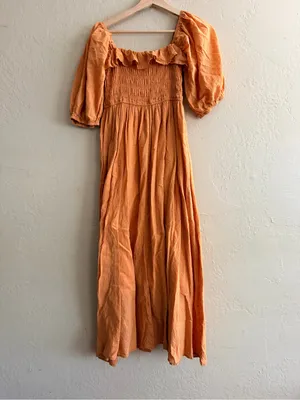 Smocked Square-Neck Maxi Dress with Puff Sleeves in Orange thumbnail 2
