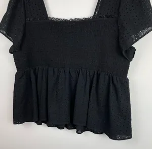 Torrid Sz 3X Black Square Neck Smocked Eyelet Peplum Top Short Sleeve thumbnail 9