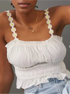 Anthropologie Maeve Strappy Daisy Crop Tank Off White Smocked Cotton Top Size S thumbnail 2