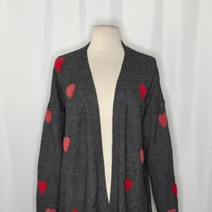 NWT!! CELEBRATE‎ TOGETHER Heart Cardigan Sweater Grey Pink Red Hearts Large thumbnail 3