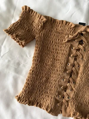 Camel Brown Off-Shoulder Lace-Up Crop Top thumbnail 3