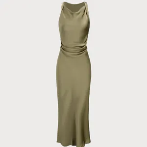 Rihoas Green Satin Boat Neck Slip Midi Dress thumbnail 6