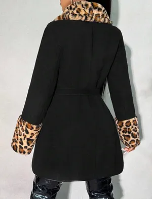 Black Women's Trench Coat with Leopard Faux-Fur Trim thumbnail 2