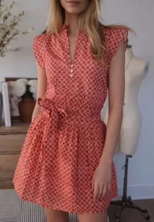 Marea by Liz Joy Liz Dress XS Coral Pink Geometric Cotton Smocked Mini Dress thumbnail 1