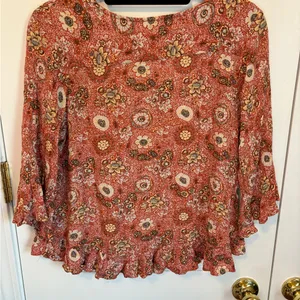 Nicole Miller Floral Boho Blouse Rust Orange Ruffle Hem 3/4 Sleeve Large thumbnail 5