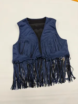 Wdirara Women Blue Faux Suede Fringe Vest Western Boho Cropped Open Front size L thumbnail 2