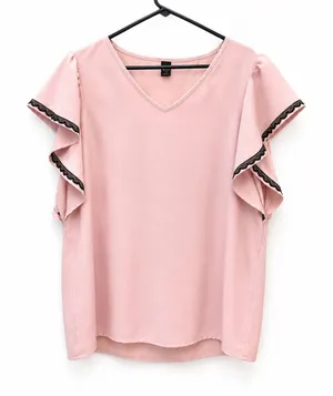 SHEIN Pink Flutter Sleeve Lace Trim Blouse thumbnail 1