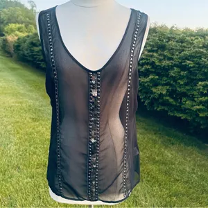 Ecote Sheer black tank with metallic beads and sequins thumbnail 2
