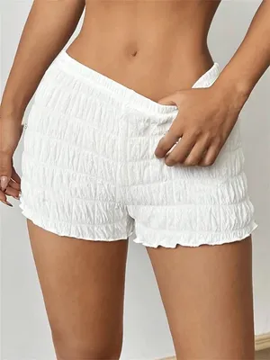 SheIn White Smocked Ruffle Hem Lounge Shorts NEW thumbnail 1