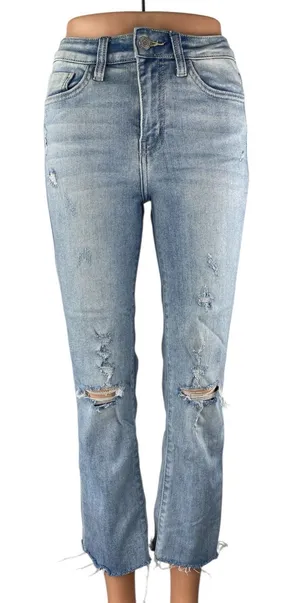 Flying Monkey Women's Blue Distressed Raw Hem Crop Straight Denim Jeans Size 26 thumbnail 1
