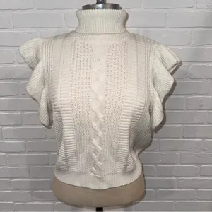 Elegant Off-White/Ivory Cable Knit Ruffle Sleeve Turtleneck Sweater thumbnail 11
