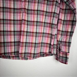 Prana Womens XS Plaid Henley‎ Pullover Long Sleeve Roll Tab Shirt Pink Brown thumbnail 4