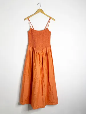 Abercrombie & Fitch Sydney Smocked Midi Dress Medium Orange Pockets thumbnail 3