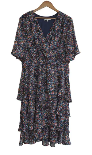 Sandra Darren XL Confetti Dot Tiered Faux Wrap Midi‎ Dress Navy Multicolor Party thumbnail 1