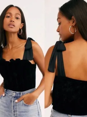 Free People Trapped In Your Love Tie Strap Velvet Tank Top in Black Small $98 thumbnail 4