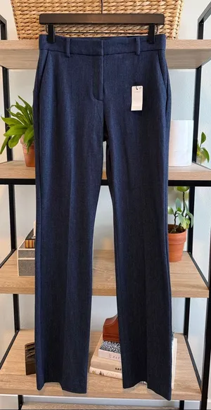 NWT Express Editor Boot Cut Mid-Rise Navy Woven Career Dress Pant Trouser 2 Long thumbnail 1