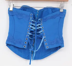 Princess Polly Blue Lace Trim Corset Top Strapless Lace Up Back thumbnail 1