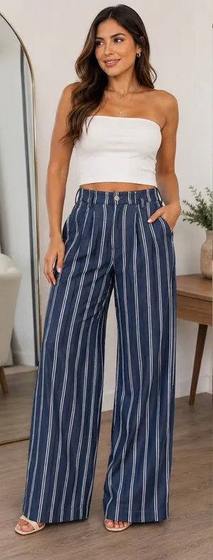 Express High Rise Wide Leg Striped Pants Size 6S Blue White thumbnail 1