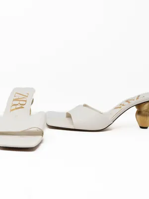 Zara White Women's Open-Toe Heeled Sandals with Sculpted Gold Heel thumbnail 2