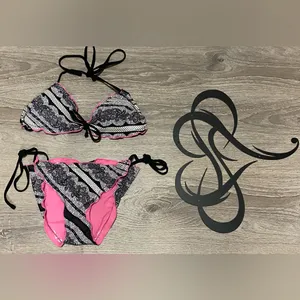 Xhilaration Paisley Floral Ruffle String Bikini Set | Black Pink White | Size S thumbnail 6