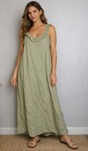 And Now Crushed Oregano Sleeveless Ruffle Maxi Dress Size Large NWT thumbnail 1