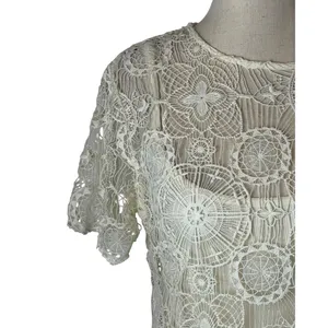 Ralph Lauren Crochet Lace Dress Women Medium Ivory Short Sleeve Shift Mini Retro thumbnail 6