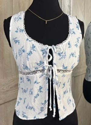 Sienna Sky Blue Floral Lace Tie-Front Top - Small thumbnail 1