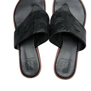 Tory Burch Jamie Size 6.5 Full Logo Thong Sandals‎ Black Leather S/N 48275 thumbnail 10