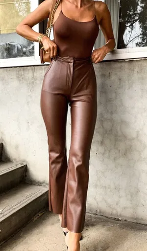 Meshki Tyra Straight Leg Faux Leather Pants Chocolate thumbnail 1