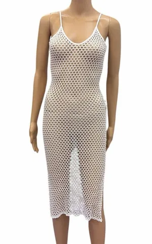 Aquavita White Open Mesh Net Midi Slit Coverup Dress Womens Small thumbnail 1