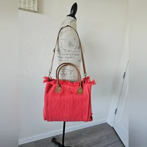 NWT TSD12 Coral Woven Boho Tote with Leather Trim & Crossbody Strap thumbnail 2