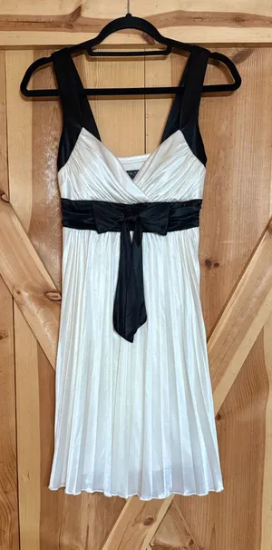 Y2K City Triangles Pleated Satin Babydoll Dress Black White Bow Homecoming Hoco thumbnail 1