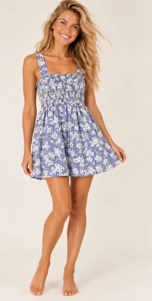 American Eagle Gingham Mini Dress Ditsy Floral Smocked Cottagecore Babydoll M thumbnail 1
