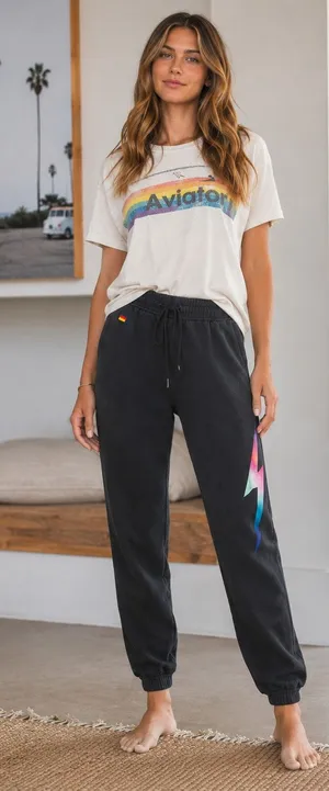 Aviator Nation Rainbow Bolt Sweatpants Black Women’s Small Joggers thumbnail 1